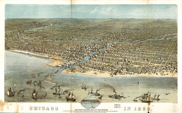 Map of Chicago in 1868 from Schiller Street north side to 12th Street south side. Bird's Eye view.