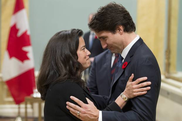 Prime Minister Justin Trudeau speaks with Ms. Wilson-Raybould at their swearing-in ceremony at Rideau Hall on Nov. 4, 2015.