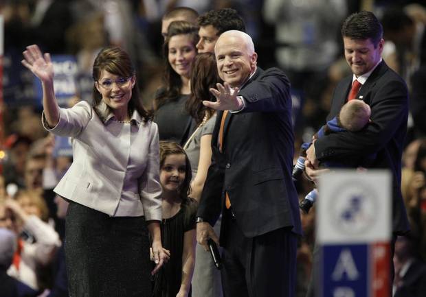 Republican vice presidential candidate Sarah Palin, left, is joined by Republican presidential candidate John McCain, second from right, and her family at the end of her speech at the Republican National Convention in St. Paul, Minn., Wednesday, Sept. 3, 2008.