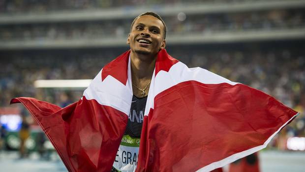 Canadian Andre De Grasse after winning bronze in the men's 100m race during Rio Olympics August 14, 2016.