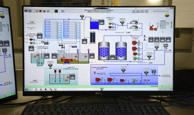A monitor shows the status of various steps in the treatment of water at a treatment plant on the Serpent River First Nation.