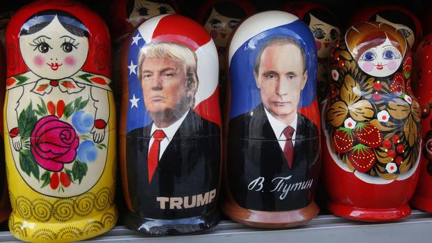 Traditional Russian matryoshka dolls depict Vladimir Putin and Donald Trump at a street souvenir shop in St. Petersburg on Jan. 20, 2017.
