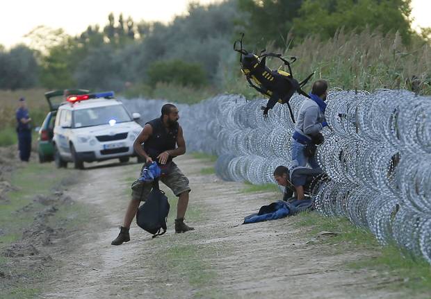 Hungarian police watch as Syrian migrants climb under a fence to enter Hungary at the Hungarian-Serbian border near Roszke, Hungary.
