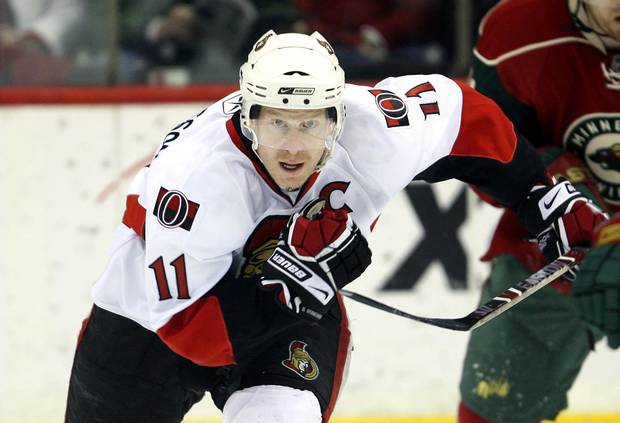 Then-Senators captain Daniel Alfredsson pursues the puck during a game against the Minnesota Wild in 2009.