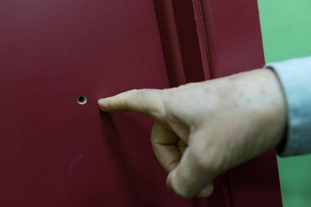 The Grand Mosque of Quebec City, which has been refreshed with new paint since last year’s shooting, has chosen to leave a bullet hole in a door near the entrance.