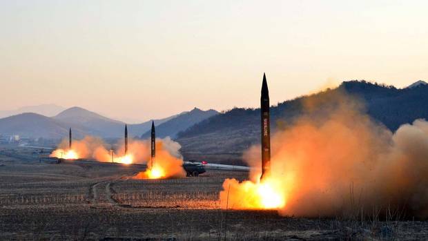 An undated picture released by North Korea’s Korean Central News Agency on March 7, 2017, shows the launch of four ballistic missiles during a military drill. Pyongyang’s missile tests have escalated tensions in the region as the Hermit Kingdom boasts it is coming closer to developing nuclear-capable missiles that can reach American soil.