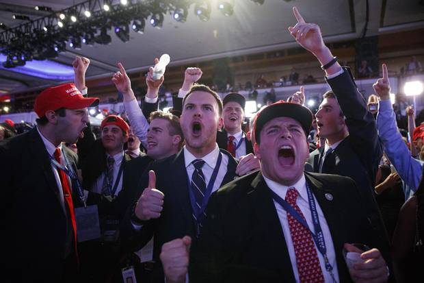 Trump supporters cheer as they watch election returns at a rally in New York on Nov. 9, 2016.