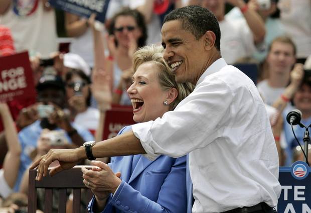 Senators Barack Obama and Hillary Clinton react to the crowd as she endorses Mr. Obama in person and campaigns with him for the first time in the town of Unity, New Hampshire, in June, 2008.