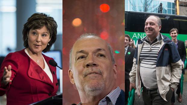 B.C. Premier Christy Clark, left; NDP Leader John Horgan, middle; and B.C. Green Party Leader Andrew Weaver.