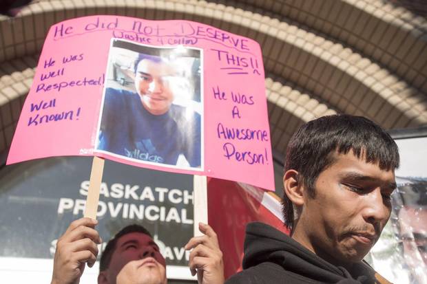 William Boushie, brother of Colten Boushie, speaks to media during a rally outside the Saskatchewan Provincial Court Aug. 18.