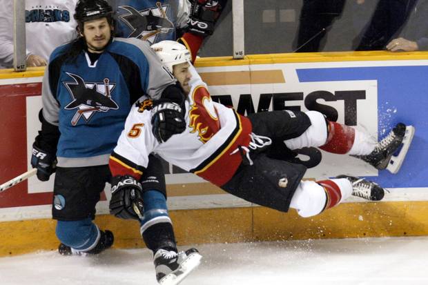 Over 10 seasons, NHL defenceman Steve Montador – shown at right in 2004, playing for the Calgary Flames – played for six NHL teams in 571 games. He died in 2015 at the age of 35.