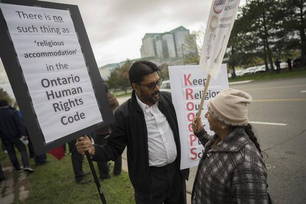 Ram Subrahmanian, left, has become an active participant in protests of religious accommodation in Peel schools as of late. Mr. Subrahmanian and his peers say the policy amounts to favouritism. 