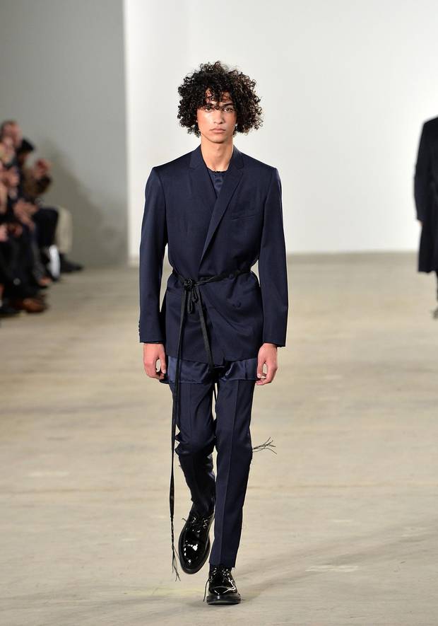 Ovadia & Sons: The twin brother-helmed New York label took a loungier approach to the blue suit with a wrap-style blazer.