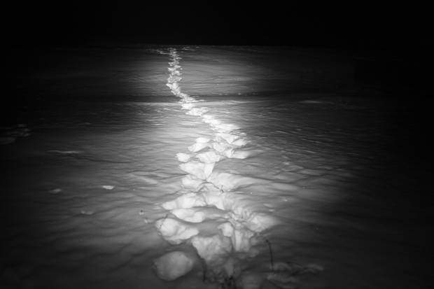 Footprints of asylum seekers lead to the Canadian border, in Noyes, Minn. Asylum seekers have been migrating north through Minnesota and North Dakota to enter Manitoba for years, but their numbers have risen since the Trump administration’s recent overhaul of U.S. immigration policy.