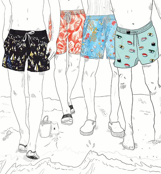 From left: Hugo Boss Little Sailboats urban swim trunks, $100 at Simons (www.simons.ca). Onia Charles 7” swim shorts, $280 through www.matchesfashion.com. Etro printed swim trunks, $275 at Harry Rosen (www.harryrosen.com). Jiro print swim trunks, $104 (U.S.) through www.nikben.com