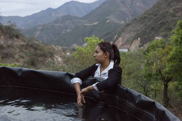 Leticia Gil, 21, looks into a pool of water used for water crops, in her friend's farm in Xichú.