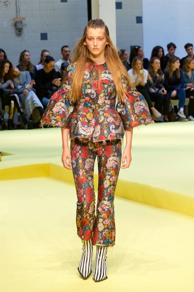 Luxe brocade unravels on the catwalk at the fall 2016 Marques’Almeida show.