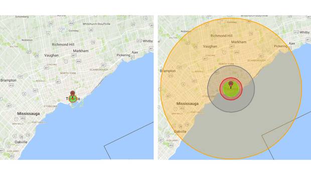 A bomb’s explosive force is measured in kilotons, the equivalent of 1,000 tons of TNT; a thousand kilotons equals one megaton. Here’s a simulation from the Nukemap tool, created by science historian Alex Wellerstein, of two detonations centred on Toronto’s City Hall. On the left is the radius of destruction from a 15-kiloton device, the same yield as ‘Little Boy,’ the bomb dropped on Hiroshima in 1945. On the right is a 15-megaton yield, or the size of ‘Castle Bravo,’ the largest U.S. nuclear device ever tested. The smaller device produces a fireball (the tiny yellow circle at the centre) roughly as big as the Eaton Centre, whereas the bigger one’s fireball would stretch from St. Clair Avenue to the Toronto Islands and from Little Portugal to Leslieville. The largest circle is the thermal radiation radius, where any humans who aren’t killed immediately would suffer third-degree burns.