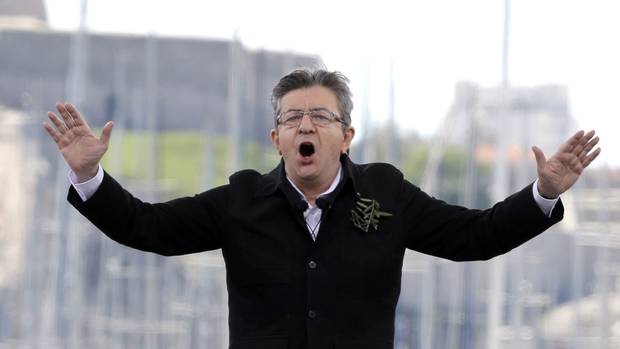 Jean-Luc Mélenchon speaks in Marseilles on April 9, 2017.