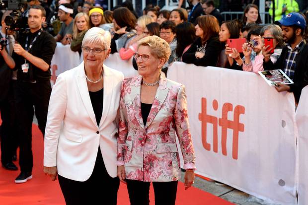 Ontario Premier Kathleen Wynne, right, and her partner Jane Rounthwaite arrive on the red carpet for the Borg/McEnroe premiere.