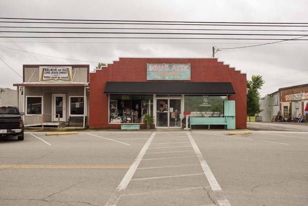 A consignment shop and small church in the town square of Celina, Tenn.