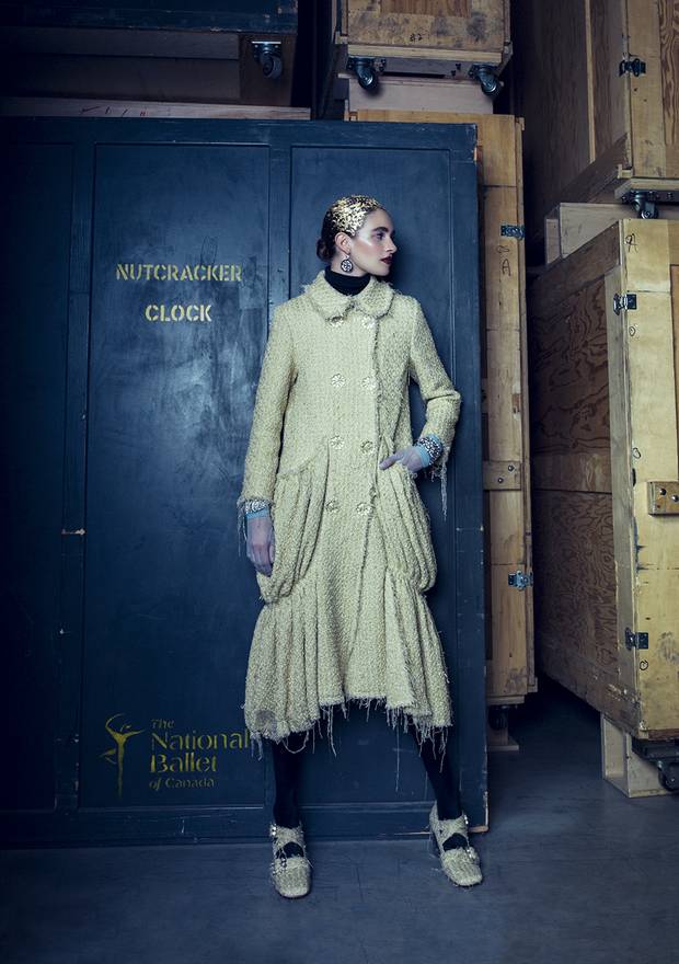 Simone Rocha coat, $3,495, shoes, $975 at The Room at Hudson’s Bay (www.thebay.com). Earrings, $195, cuff, $635 through www.rebekahprice.com. Vintage bracelet, price on request through www.caroletenenbaum.com. Gloves, $15 at Gadabout Vintage.