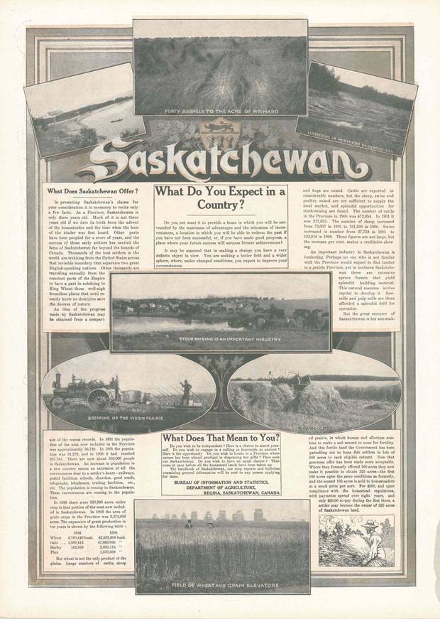 An advertisement in 1908 Christmas magazine promotes settlement in Saskatchewan, which had attained provincehood only three years earlier. ‘Thousands are travelling anually from the remotest parts of the Empire to have a part in subduing to King Wheat those well-nigh boundless plains that until recently knew no dominion save the decree of nature,’ it states.