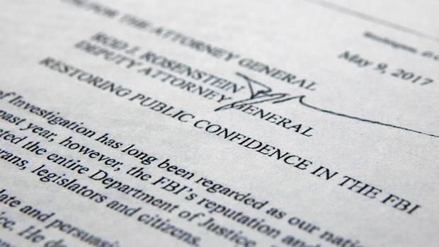 The letter from Deputy Attorney-General Rod Rosenstein titled ‘Restoring Public Confidence in the FBI’ is photographed in Washington, on May 9, 2017.