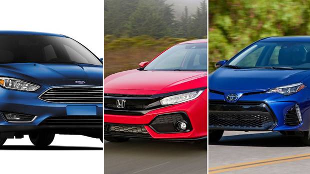 From left, a 2017 Ford Focus, a 2017 Honda Civic and a 2017 Toyota Corolla.