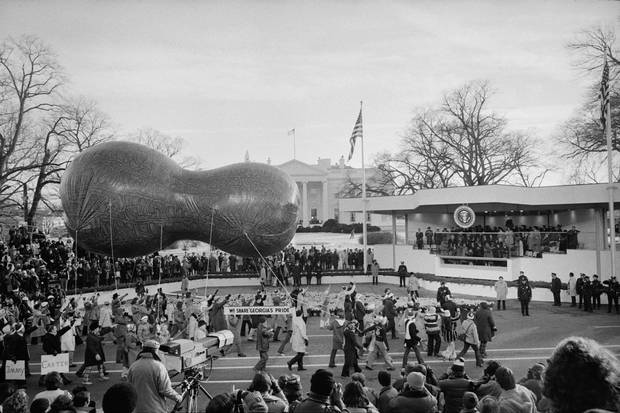 A peanut-shaped float passes by the Review Stand for the inauguration of Jimmy Carter in Washington, D.C., U.S. January 1977.