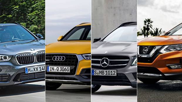 A BMW X1 (L), Audi Q3, Mercedes-Benz GLA and Nissan Rogue