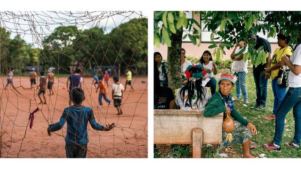 Left: A soccer game on the Amambai reserve. Right: Naoza Gonsalves of the Kaiowa people attends a suicide-prevention meeting in Amambai.