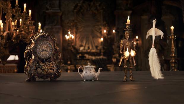 The mantel clock Cogsworth, the teapot Mrs. Potts, Lumiere the candelabra and the feather duster Plumette live in an enchanted castle in Disney's Beauty and the Beast.