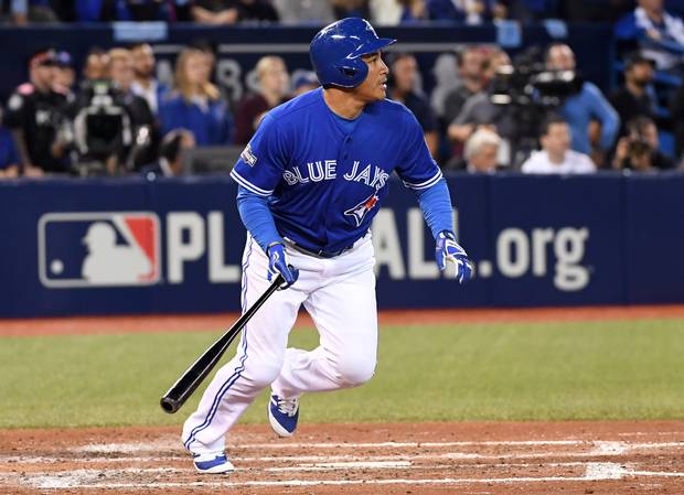 Ezequiel Carrera hits an RBI single during the fifth inning against the Orioles.