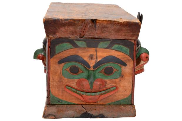 Grizzly bears adorn the ends of the mountain goat moon chest was made before 1880 for the ancestral holder of the title of ‘Gidansta.’