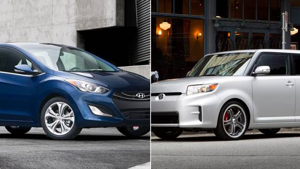 A 2013 Hyundai Elantra GT (L) and a 2012 Scion xB