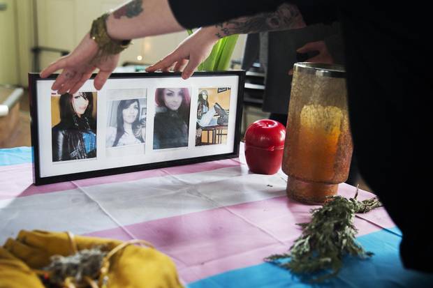 Photos of Ms. Wells are set-up for her memorial.