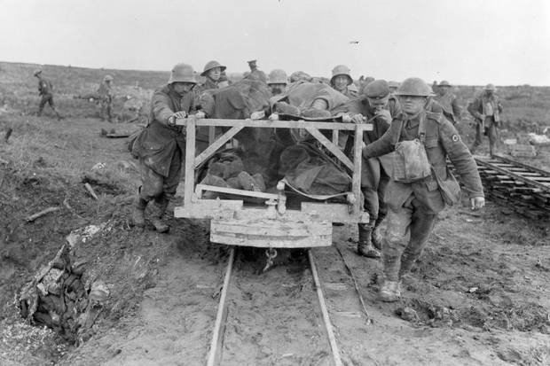 Wounded Canadian soldiers are brought to the field dressing station at Vimy Ridge in April, 1917.