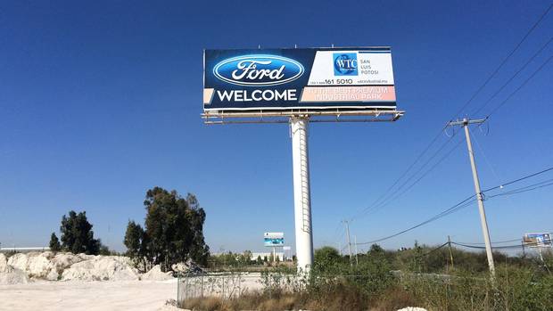 A billboard welcoming Ford Motor Co. is seen at an industrial park in San Luis Potosi, Mexico, on January 4, 2017.