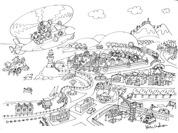 Keith Chapman's early illustrations of the Paw Patrol characters and setting.