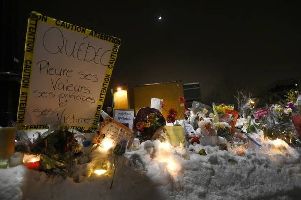 A makeshift memorial near the Centre culturel islamique de Quebec, Feb. 2, 2017.
