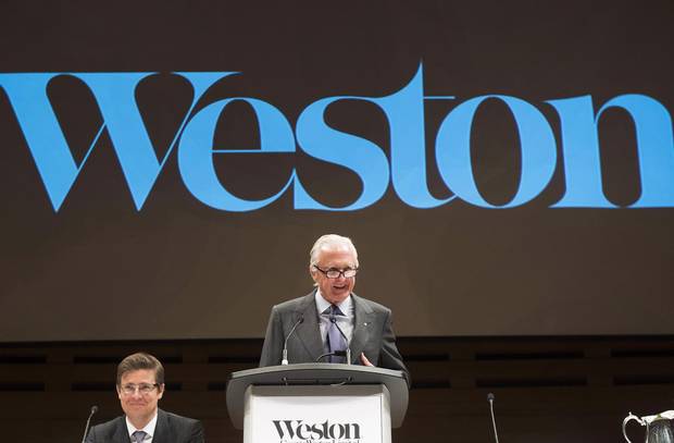 W. Galen Weston speaks alongside his son and new director Galen Weston at the company's annual general meeting in Toronto on Tuesday, May 10, 2016.
