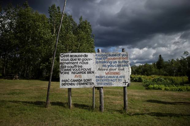 A sign erected by Jackie Vautour near his shack in Kouchibouguac National Park.