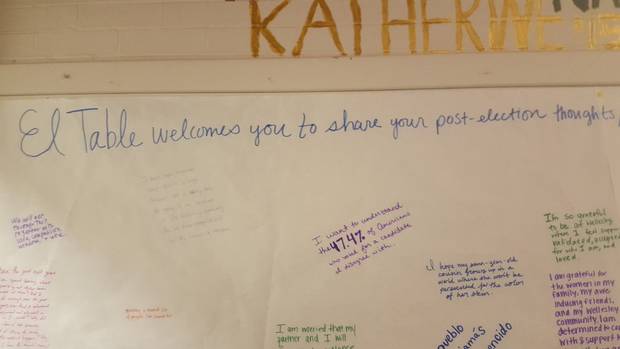 A message board at El Table, a student-run café at Wellesley College, invited patrons to write about their feelings on the American election.