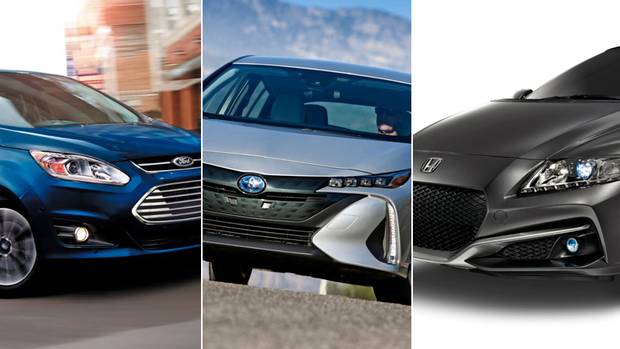 From left, a 2017 Ford C-Max, a 2017 Toyota Prius Prime and a 2016 Honda CR-Z.