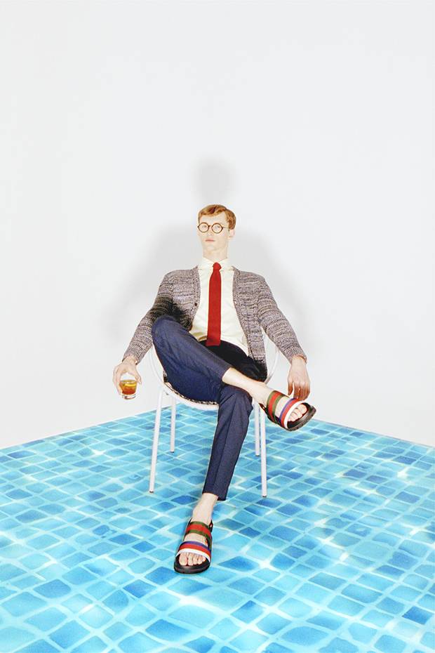 Barena cardigan, $430 at Holt Renfrew Men. Marni shirt, $450 at Simons. MSGM Milano trousers, $445 at Hudson’s Bay (www.thebay.com). Altea tie, $98 at Harry Rosen. Gucci sandals, $595 at Saks Fifth Avenue