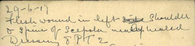 A note in Milton Carr’s war record mentions a “flesh wound in left shoulder.”