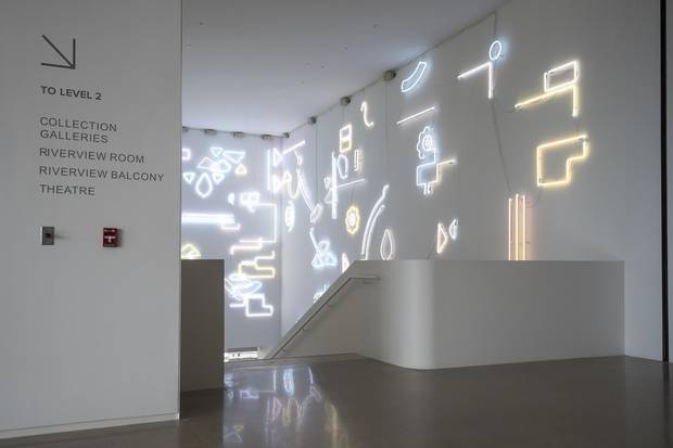 Another major work featured in the Remai's lobby is a new iteration of Los Angeles artist Pae White’s Lucky Charms – dozens of colourful neon figures that are meant as a playful response to one of Saskatoon’s less charming features: its winters.