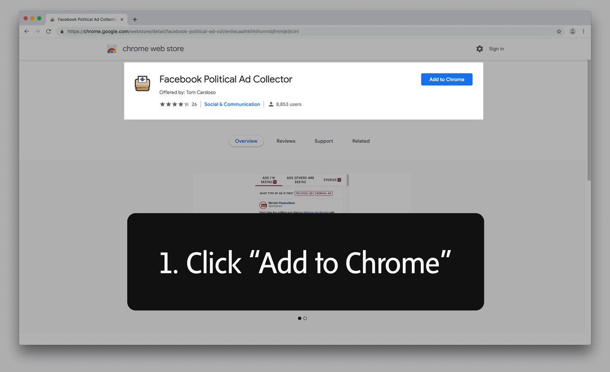 A GIF showing the steps necessary to install the collector in Chrome