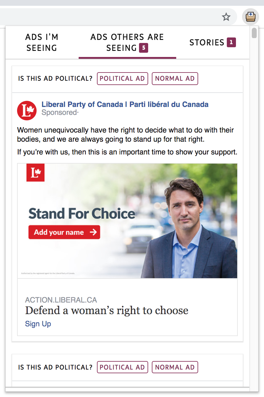 An example of the 'Ads others are seeing' tab in the extension
